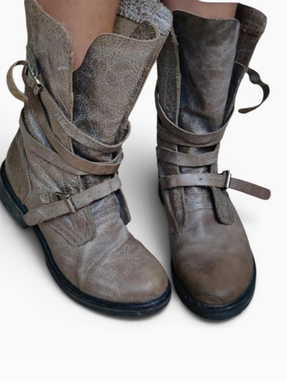 Steve Madden Banddit Taupe Leather Motto Strappy Boots Size 10